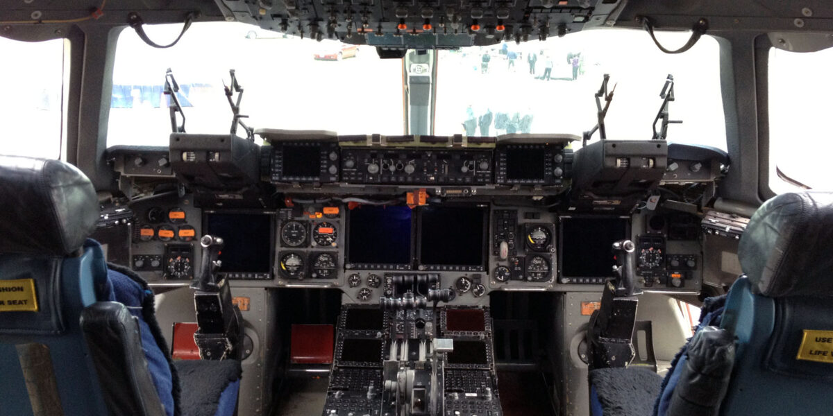 C-17 Globemaster III cockpit interior showing flight controls and avionics