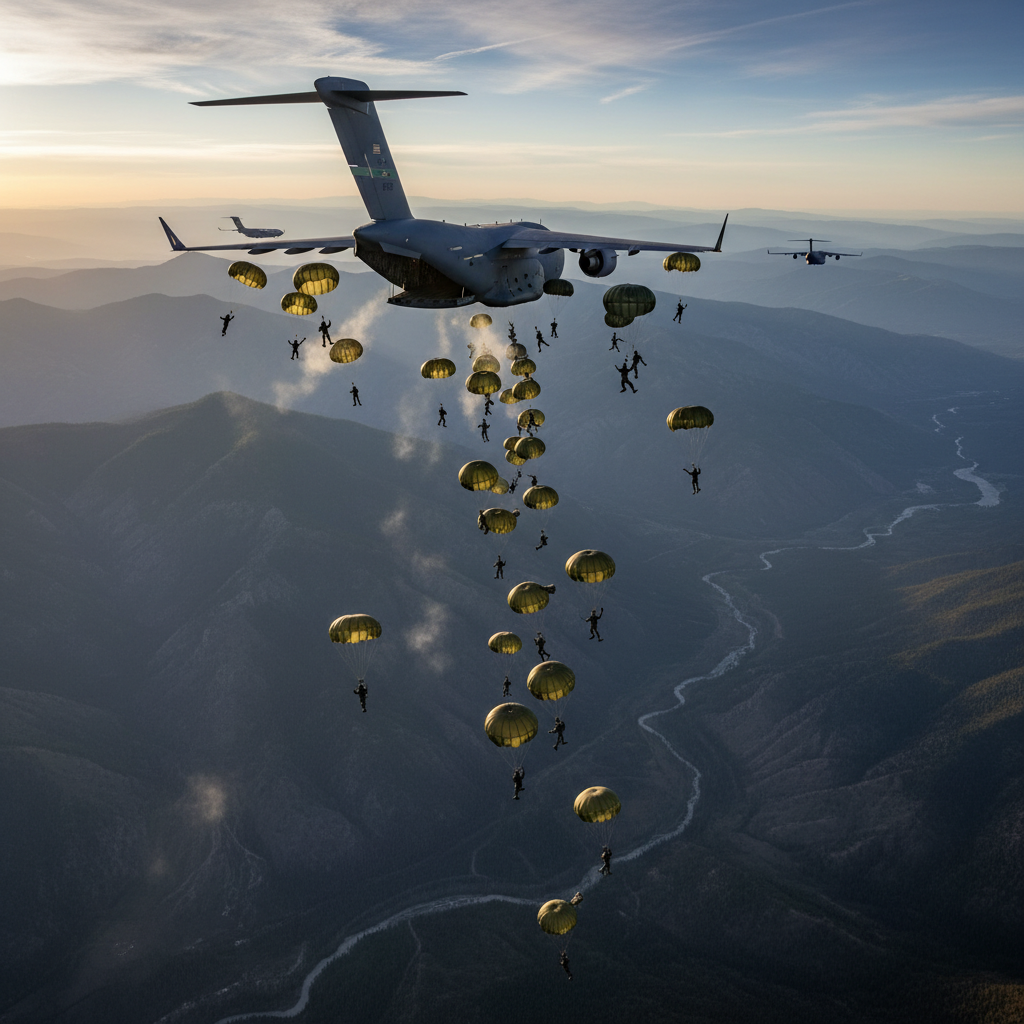 C-17 Globemaster paratroopers airdrop military parachute